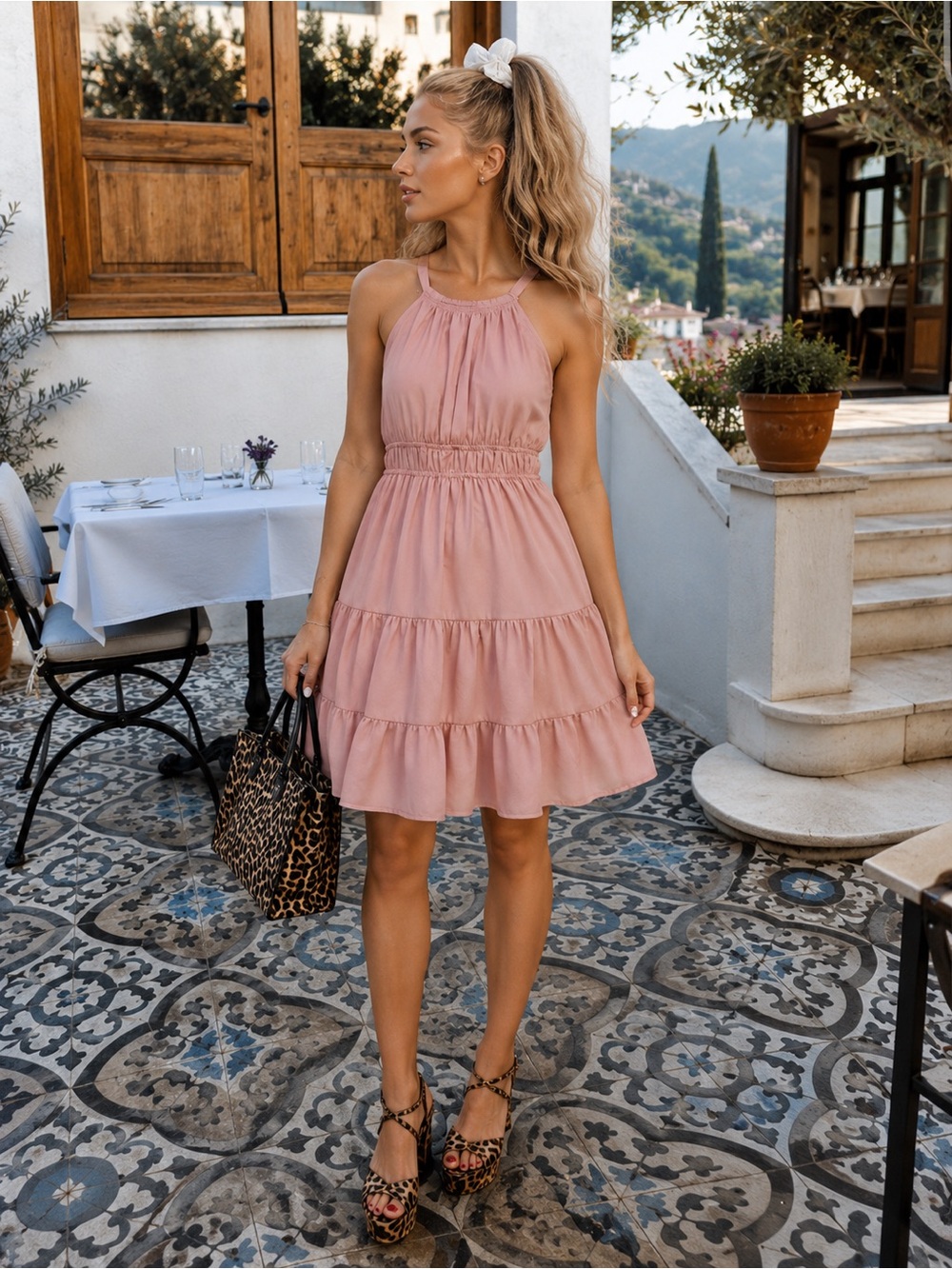 Japna Blush Pink Sleeveless Halter Tiered Mini Dress Size Small